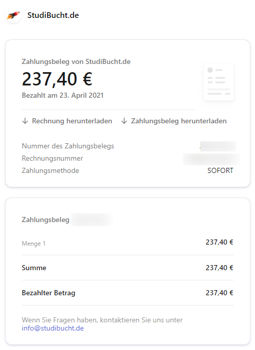 Nachweis der Zahlung per Kreditkarte