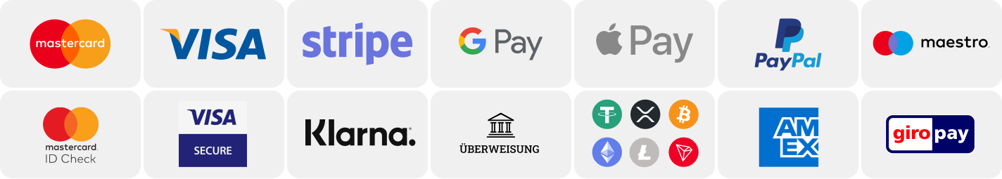 StudiBucht akzeptiert folgende Zahlungsmittel: Mastercard, Google Pay, Visa, Apple Pay, Überweisung, Kryptowährung, usw.